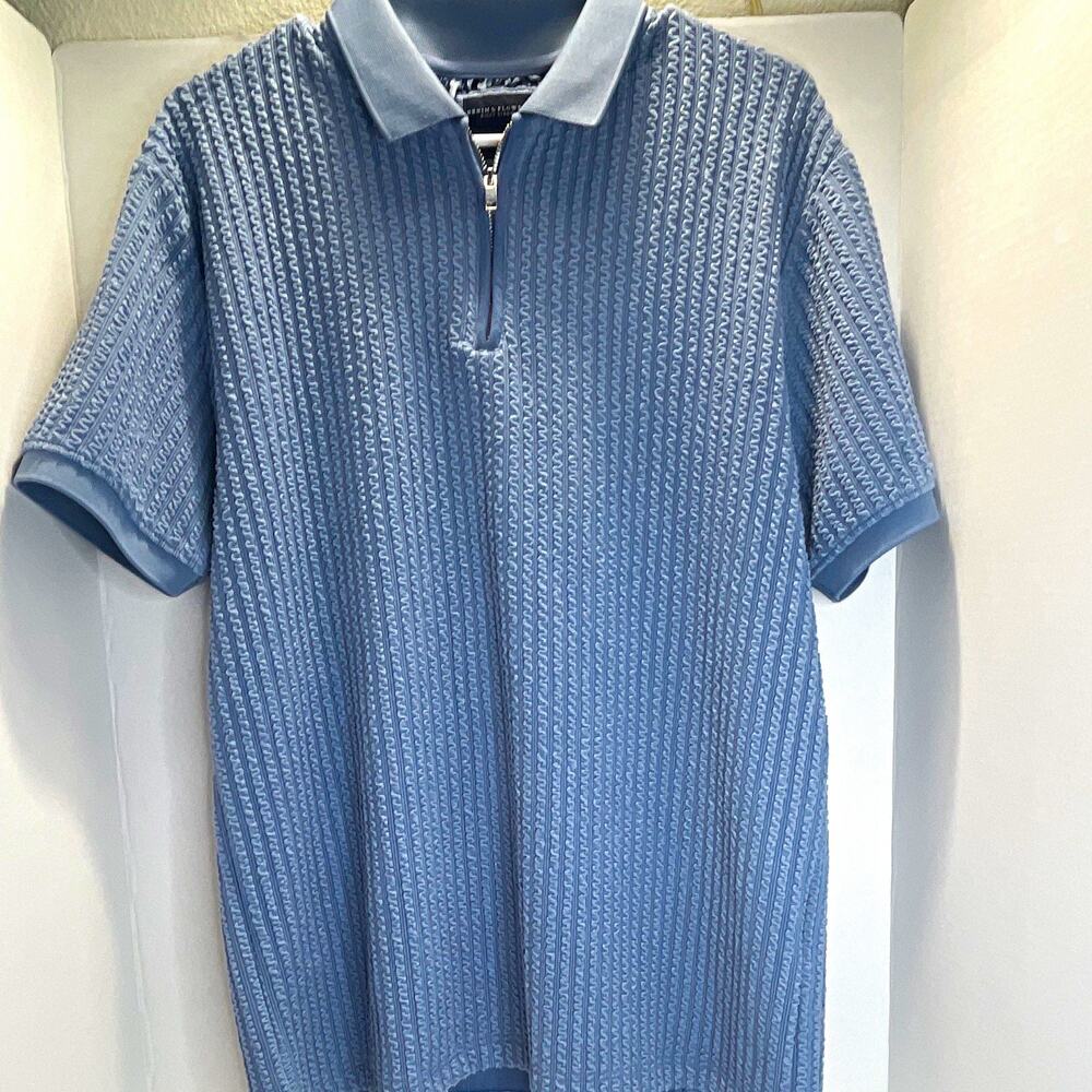 Denim & Flower Ricky Singh Men’s L Blue Textured 1/4 Zip Collared Polo